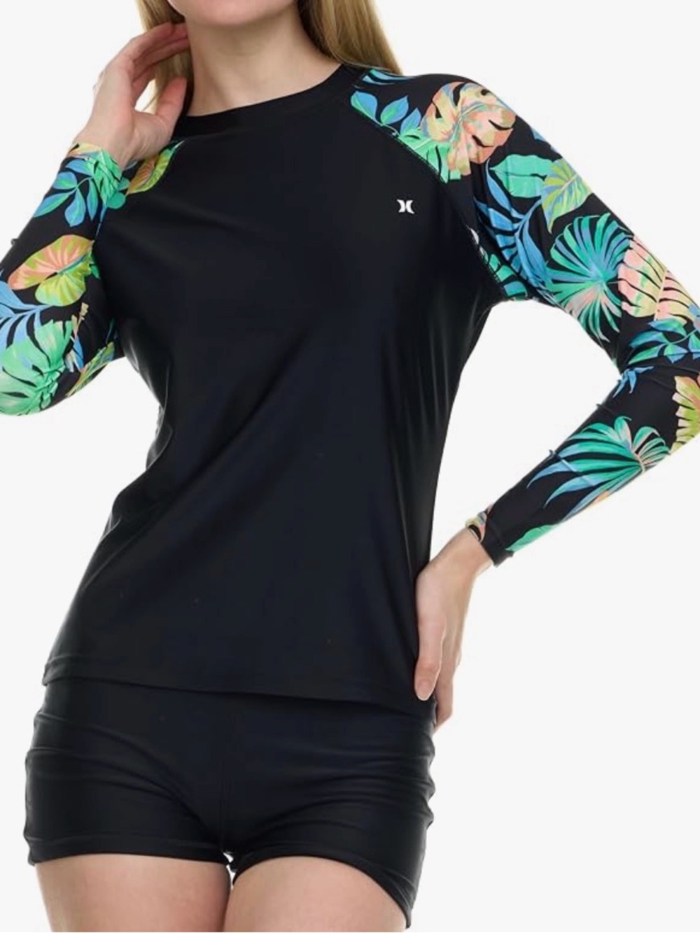 Hurley Black Rash Guard with Tropical Multicolor Floral Sleeves Size Medium - Picture 2 of 4
